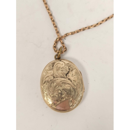 94 - Gold backed locket with enamelled oval of a hound and rabbit, gold necklet '9ct'.