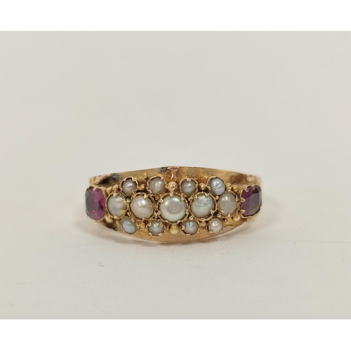 96 - Victorian 15ct gold ring with amethysts and pearls, Chester 1866. Size 'Q'. 