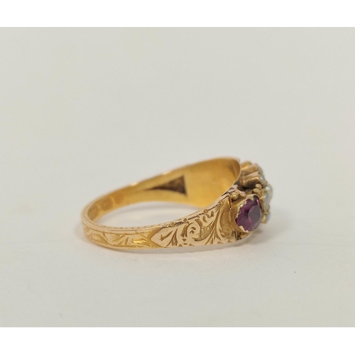 96 - Victorian 15ct gold ring with amethysts and pearls, Chester 1866. Size 'Q'. 