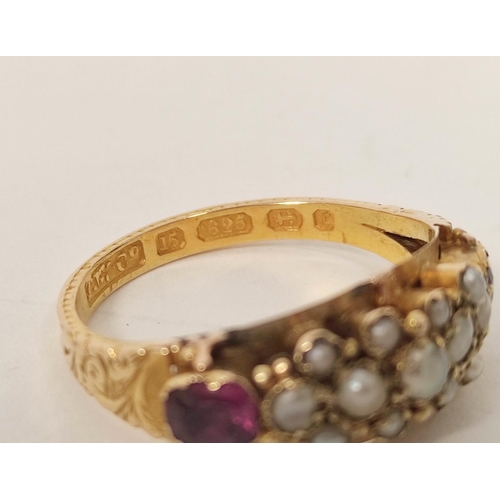 96 - Victorian 15ct gold ring with amethysts and pearls, Chester 1866. Size 'Q'. 