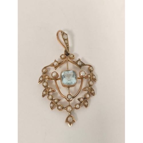 97 - Edwardian gold pendant with pearls and aquamarine '9ct', 3.5g gross.