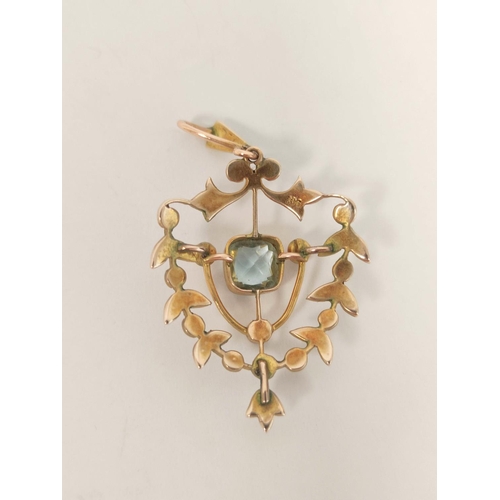 97 - Edwardian gold pendant with pearls and aquamarine '9ct', 3.5g gross.