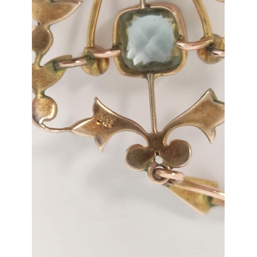 97 - Edwardian gold pendant with pearls and aquamarine '9ct', 3.5g gross.