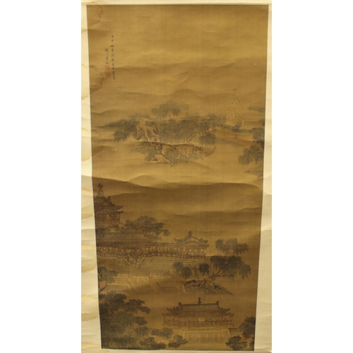 195 - Two Chinese reproduction scroll paintings (prints), one depicting a mountainous river gorge with vil... 