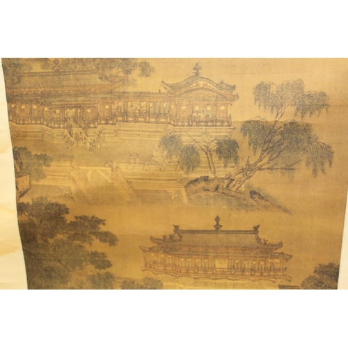 195 - Two Chinese reproduction scroll paintings (prints), one depicting a mountainous river gorge with vil... 