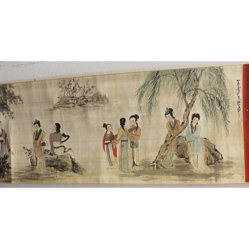 197 - Extensive 20th century reproduction Chinese scroll painting (print) of a lake scene with mountains, ... 