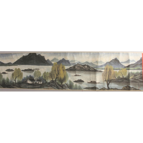 197 - Extensive 20th century reproduction Chinese scroll painting (print) of a lake scene with mountains, ... 