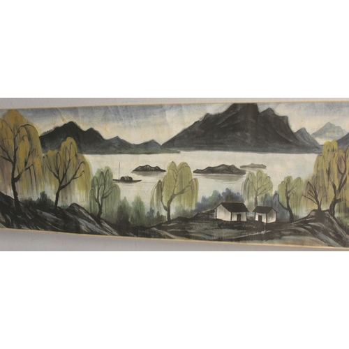 197 - Extensive 20th century reproduction Chinese scroll painting (print) of a lake scene with mountains, ... 