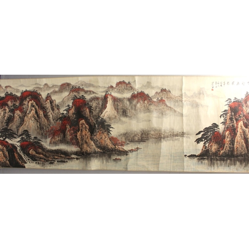 199 - Reproduction Chinese scroll painting (print) of an extensive mountainous lake scene with boats, call... 