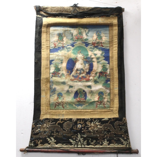 200 - Antique Tibetan Buddhist Thangka depicting Guanyin seated on a lotus throne surrounded by eight smal... 