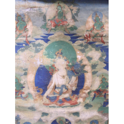 200 - Antique Tibetan Buddhist Thangka depicting Guanyin seated on a lotus throne surrounded by eight smal... 