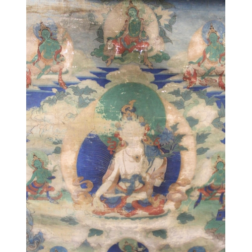 200 - Antique Tibetan Buddhist Thangka depicting Guanyin seated on a lotus throne surrounded by eight smal... 