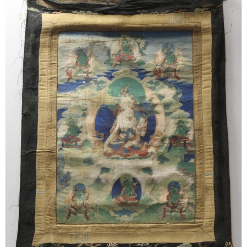 200 - Antique Tibetan Buddhist Thangka depicting Guanyin seated on a lotus throne surrounded by eight smal... 