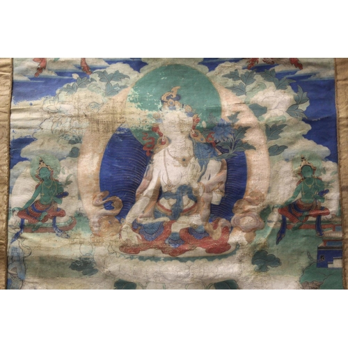 200 - Antique Tibetan Buddhist Thangka depicting Guanyin seated on a lotus throne surrounded by eight smal... 