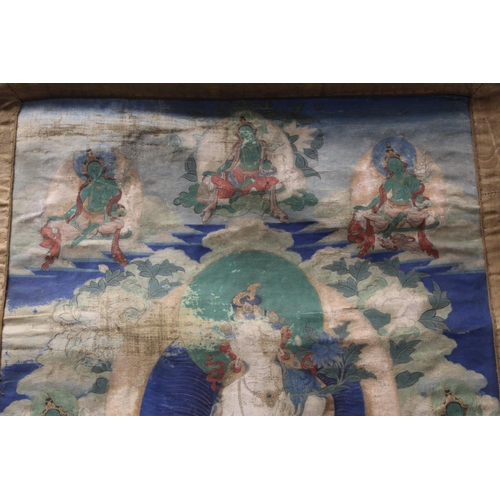 200 - Antique Tibetan Buddhist Thangka depicting Guanyin seated on a lotus throne surrounded by eight smal... 