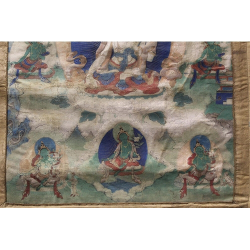 200 - Antique Tibetan Buddhist Thangka depicting Guanyin seated on a lotus throne surrounded by eight smal... 