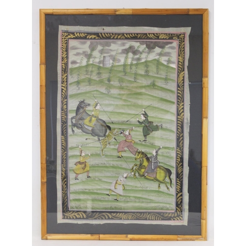 448 - Indian watercolour painting on silk depicting a tiger hunt with quarry surrounded by figures on foot... 