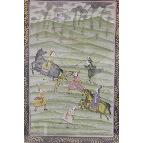 448 - Indian watercolour painting on silk depicting a tiger hunt with quarry surrounded by figures on foot... 