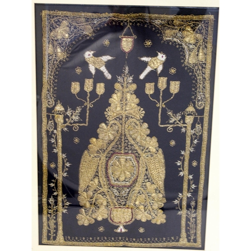 456 - Indo-Persian embroidered panel depicting the tree of life, with candelabra and two doves in a mihrab... 