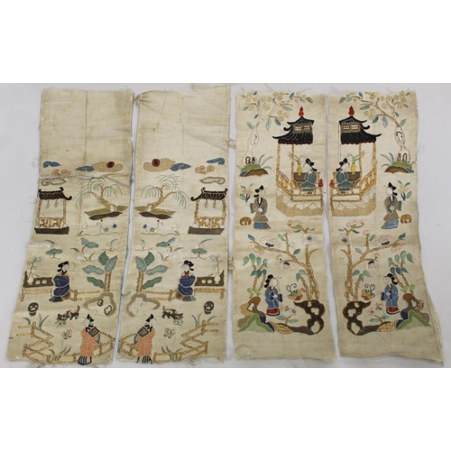 458 - Two pairs of Chinese silk embroidered sleeve panels depicting figures in gardens with pavilions, wor... 