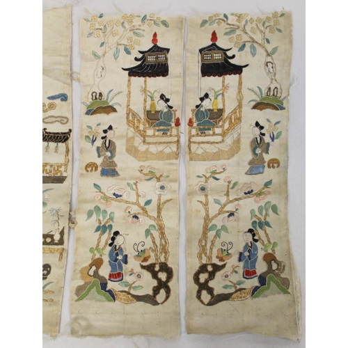 458 - Two pairs of Chinese silk embroidered sleeve panels depicting figures in gardens with pavilions, wor... 