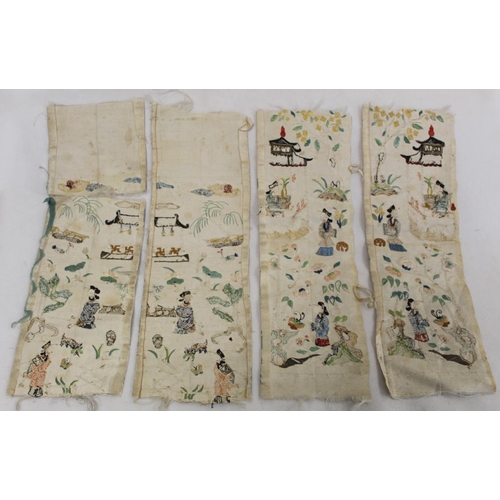 458 - Two pairs of Chinese silk embroidered sleeve panels depicting figures in gardens with pavilions, wor... 