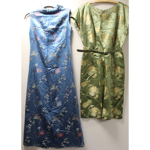 465 - Two vintage Chinese silk brocade dresses, one sage green woven with chrysanthemum of belted waisted ... 