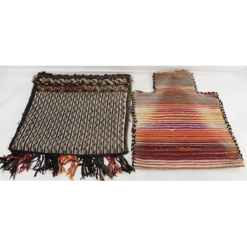 471 - Two Afghan Baluchi salt bags with woven geometric decoration, 50cm and 42cm long.  (2).