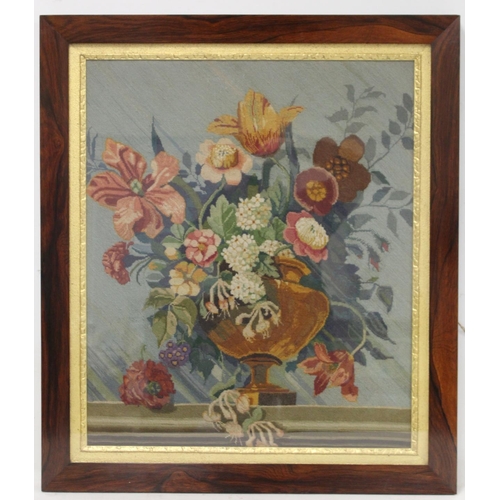 487 - Victorian wool work tapestry picture of a vase of flowers, worked in polychrome, 60cm x 51cm, in ros... 