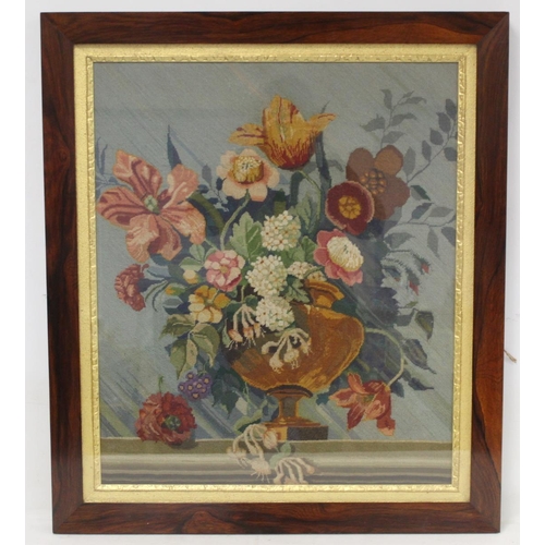 487 - Victorian wool work tapestry picture of a vase of flowers, worked in polychrome, 60cm x 51cm, in ros... 