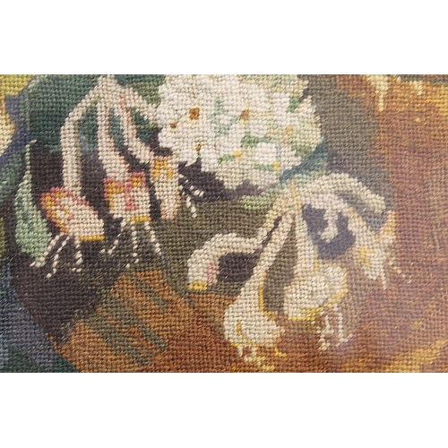 487 - Victorian wool work tapestry picture of a vase of flowers, worked in polychrome, 60cm x 51cm, in ros... 