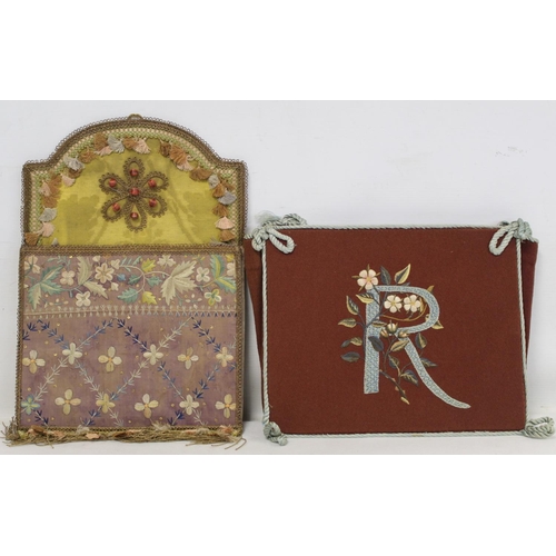 524 - Georgian silk and damask wall pocket of rectangular form with arched top, floral and foliate embroid... 