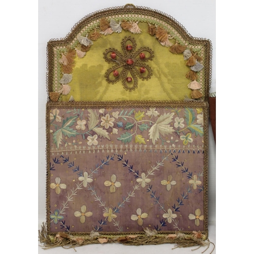 524 - Georgian silk and damask wall pocket of rectangular form with arched top, floral and foliate embroid... 