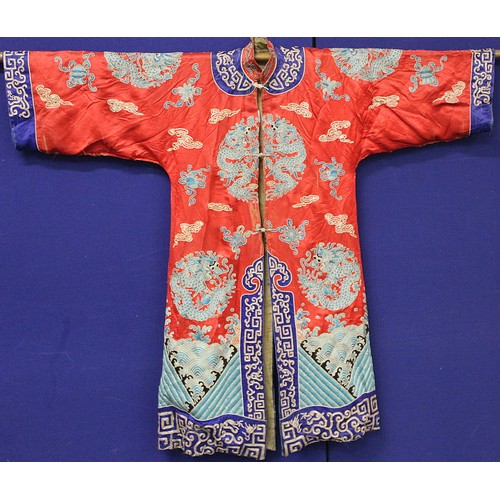 460 - 19th century Chinese embroidered red silk court dragon robe with mandarin collar and three knot fast... 