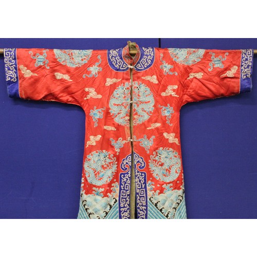 460 - 19th century Chinese embroidered red silk court dragon robe with mandarin collar and three knot fast... 