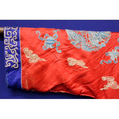 460 - 19th century Chinese embroidered red silk court dragon robe with mandarin collar and three knot fast... 