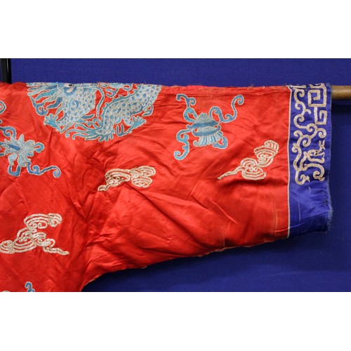 460 - 19th century Chinese embroidered red silk court dragon robe with mandarin collar and three knot fast... 