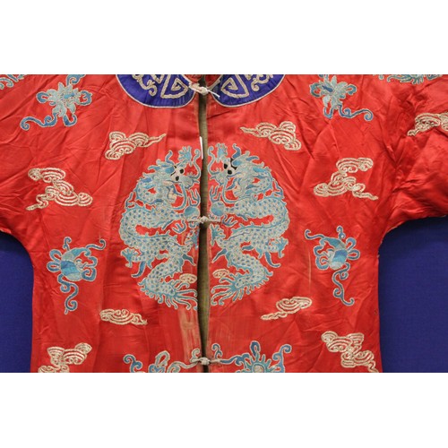 460 - 19th century Chinese embroidered red silk court dragon robe with mandarin collar and three knot fast... 