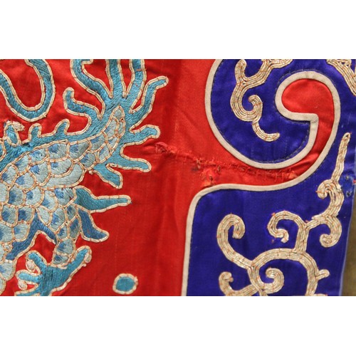 460 - 19th century Chinese embroidered red silk court dragon robe with mandarin collar and three knot fast... 