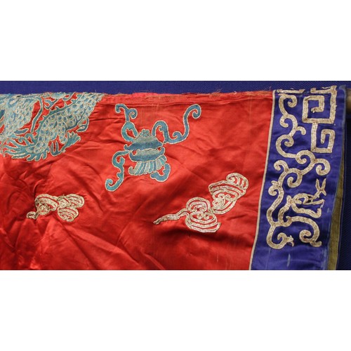 460 - 19th century Chinese embroidered red silk court dragon robe with mandarin collar and three knot fast... 