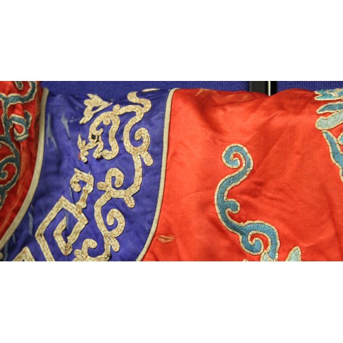 460 - 19th century Chinese embroidered red silk court dragon robe with mandarin collar and three knot fast... 