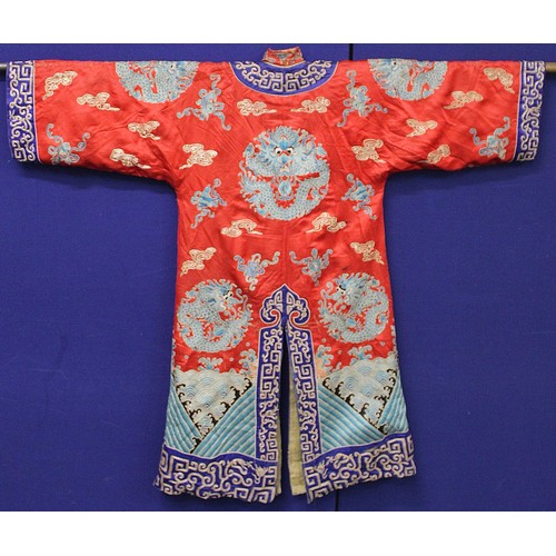 460 - 19th century Chinese embroidered red silk court dragon robe with mandarin collar and three knot fast... 