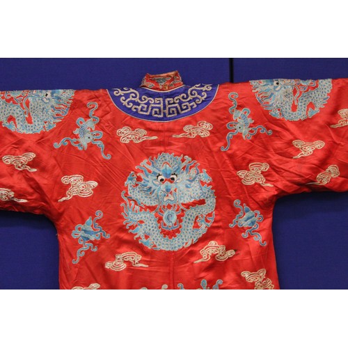 460 - 19th century Chinese embroidered red silk court dragon robe with mandarin collar and three knot fast... 