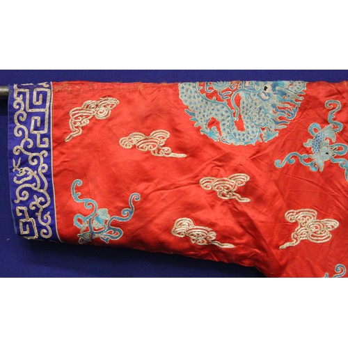 460 - 19th century Chinese embroidered red silk court dragon robe with mandarin collar and three knot fast... 