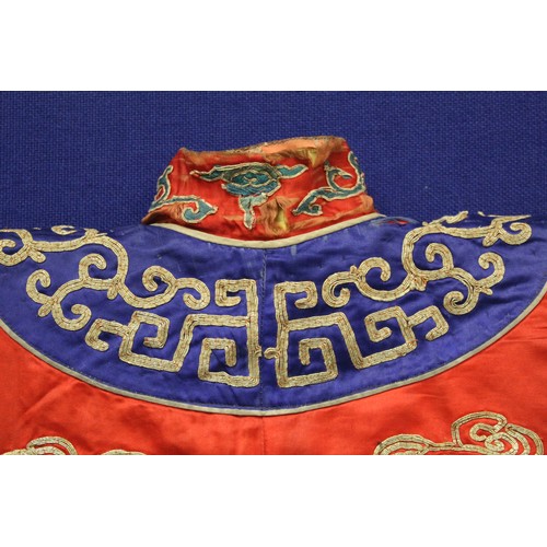 460 - 19th century Chinese embroidered red silk court dragon robe with mandarin collar and three knot fast... 