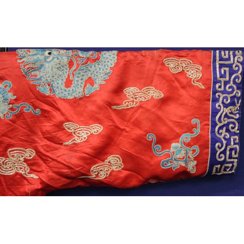 460 - 19th century Chinese embroidered red silk court dragon robe with mandarin collar and three knot fast... 