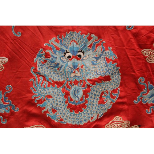 460 - 19th century Chinese embroidered red silk court dragon robe with mandarin collar and three knot fast... 