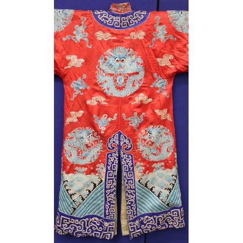 460 - 19th century Chinese embroidered red silk court dragon robe with mandarin collar and three knot fast... 