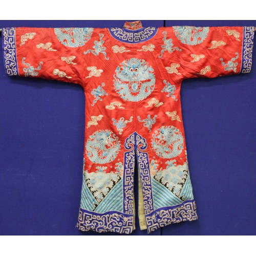 460 - 19th century Chinese embroidered red silk court dragon robe with mandarin collar and three knot fast... 