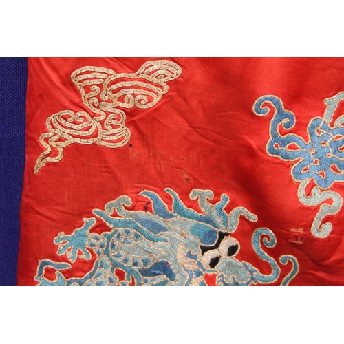 460 - 19th century Chinese embroidered red silk court dragon robe with mandarin collar and three knot fast... 